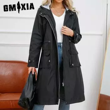 GMXIA Женские однотонные принтованные осенне-зимние куртки и пальто с капюшоном и полосатой подкладкой прямого кроя с длинным рукавом S жёлтый