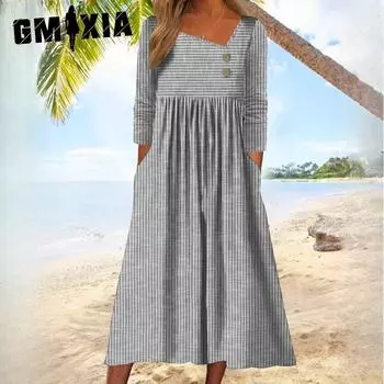 GMXIA Женские осенние свободные повседневные полосатые принтованные диагональные V-образные вырезы с длинными рукавами платья S серый