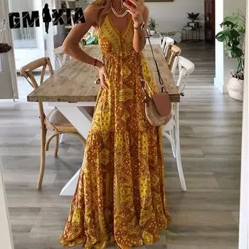 GMXIA Женские платья Boho Halter Long High Talya V-образным вырезом с цветочным принтом S красный