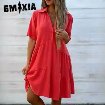 GMXIA Женские платья свободного покроя, однотонные, с воротником-поло, повседневные, с коротким рукавом, из конопли S красный