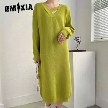 GMXIA Женские повседневные трикотажные платья большого размера на осень и зиму, свободные однотонные свитера средней длины длиной до колена S флуоресцентный зеленый