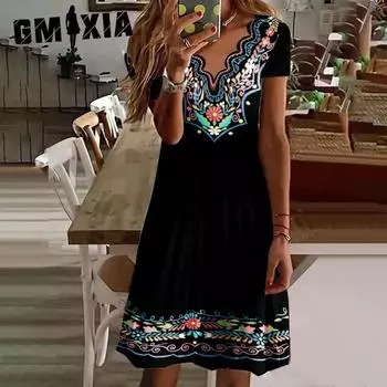GMXIA Женские принтованные платья с V-образным вырезом и короткими рукавами S чёрный
