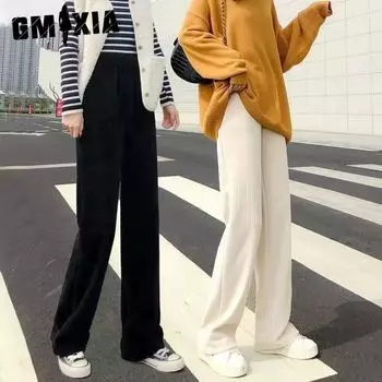 GMXIA Женские широкие брюки из кремово-бежевой синели, женские брюки осень-зима с вельветовыми брюками, прямые повседневные брюки One size