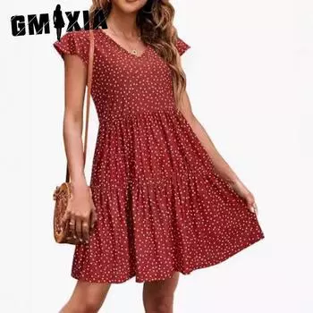 GMXIA Женские топы, летние повседневные плиссированные платья с V-образным вырезом S синий