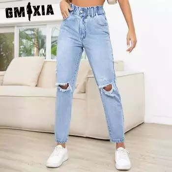 GMXIA Женские трендовые утягивающие рваные прямые джинсовые брюки S светло-синий