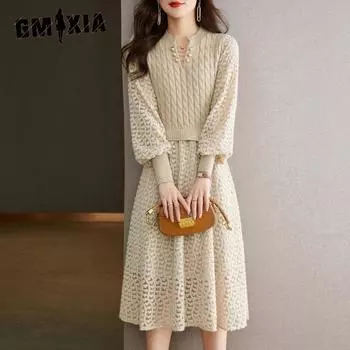 GMXIA Женские трикотажные платья Осень и зима Новые модные длинные платья-свитера с рукавами-фонариками One size чёрный