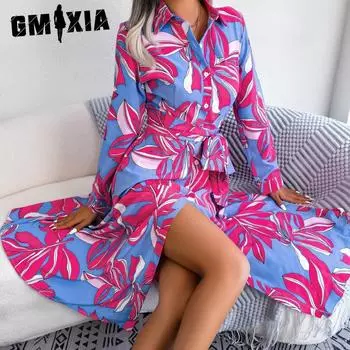 GMXIA женские весенне-осенние модные коктейльные и вечерние платья с длинными рукавами и высокой талией с лацканами и цветочным принтом S оранжевый