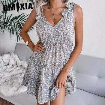 GMXIA женские винтажные богемные повседневные летние весенние шифоновые юбки без рукавов с v-образным вырезом и тонким бретелем с цветочным принтом S белый