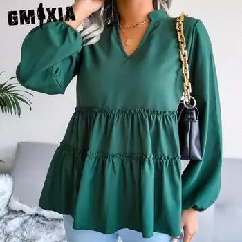 GMXIA женские винтажные богемные повседневные летние весенние однотонные свободные шифоновые юбки с длинными рукавами и v-образным вырезом с принтом S чёрный