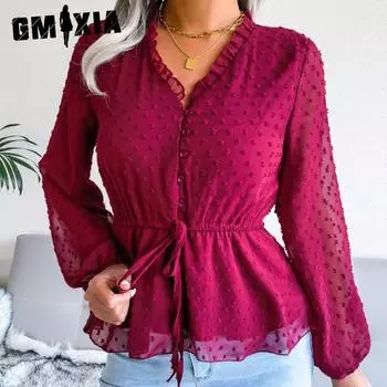 GMXIA женские винтажные богемные повседневные летние весенние узкие юбки с длинными рукавами и v-образным вырезом в горошек S белый