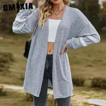 GMXIA женские винтажные повседневные куртки и пальто с решетчатым принтом, осенне-зимние куртки и пальто с длинными рукавами, трикотажное пальто S хаки