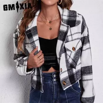 GMXIA женские винтажные повседневные куртки и пальто с воротником в клетку с клетчатым принтом, осенне-зимние куртки-поло с длинными рукавами и пальто S белый