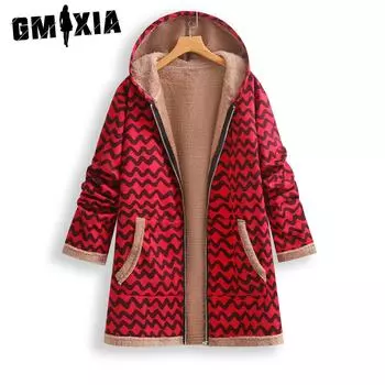 GMXIA Женские винтажные повседневные куртки и пальто с капюшоном из хлопка с длинным рукавом и волнистым принтом на осень-зиму XL бордовый