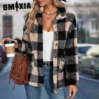 GMXIA женские винтажные повседневные куртки и пальто с воротником в клетку с клетчатым принтом, осенне-зимние куртки-поло с длинными рукавами и пальто S чёрный