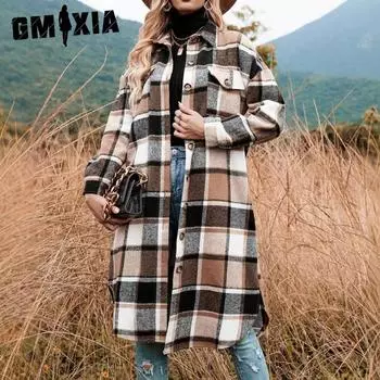 GMXIA женские винтажные повседневные куртки и пальто с воротником в клетку с клетчатым принтом, осенне-зимние куртки-поло с длинными рукавами и пальто S красный