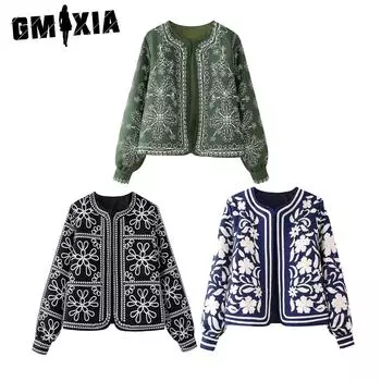 GMXIA Женские винтажные повседневные куртки и пальто с цветочным принтом на осень-зиму с длинным рукавом и круглым вырезом S темно-синий