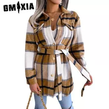 GMXIA женские винтажные повседневные облегающие куртки в клетку с принтом осень-зима с длинными рукавами и лацканами и цветные шерстяные куртки с контрастными ремешками S хаки