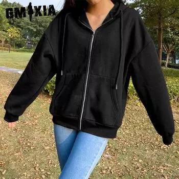 GMXIA женские винтажные повседневные однотонные куртки и пальто с капюшоном на осень и зиму с длинными рукавами и принтом