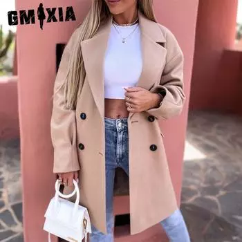 GMXIA женские винтажные повседневные однотонные куртки и пальто с воротником-поло на осень-зиму с длинным рукавом и принтом S белый