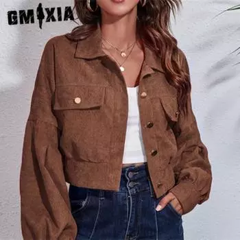 GMXIA женские винтажные повседневные однотонные куртки и пальто с воротником-поло на осень-зиму с длинным рукавом и принтом S коричневый