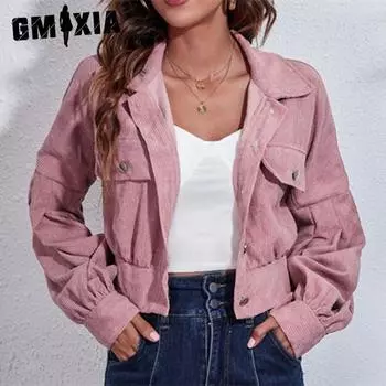 GMXIA женские винтажные повседневные однотонные куртки и пальто с воротником-поло на осень-зиму с длинным рукавом и принтом S розовый