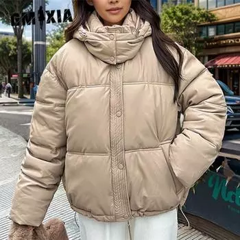 GMXIA женские винтажные повседневные однотонные куртки и пальто с капюшоном на осень и зиму с длинными рукавами и принтом M чёрный