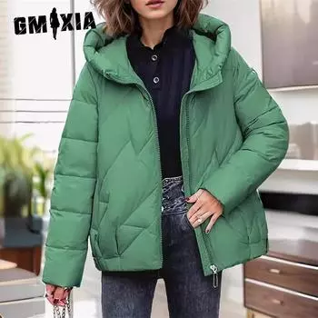 GMXIA женские винтажные повседневные однотонные куртки и пальто с капюшоном на осень и зиму с длинными рукавами и принтом L серый