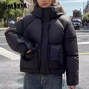 GMXIA женские винтажные повседневные однотонные куртки и пальто с капюшоном на осень и зиму с длинными рукавами и принтом M серый