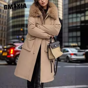 GMXIA женские винтажные повседневные однотонные куртки и пальто с капюшоном на осень и зиму с длинными рукавами и принтом M чёрный