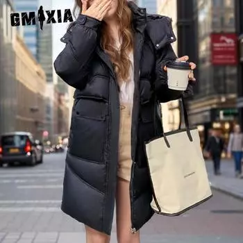 GMXIA женские винтажные повседневные однотонные куртки и пальто с капюшоном на осень и зиму с длинными рукавами и принтом M чёрный