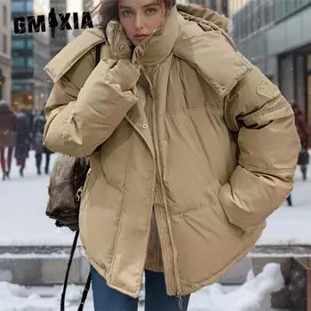 GMXIA женские винтажные повседневные однотонные куртки и пальто с капюшоном на осень и зиму с длинными рукавами и принтом S хаки