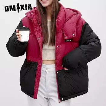 GMXIA женские винтажные повседневные однотонные куртки и пальто с капюшоном на осень и зиму с длинными рукавами и принтом S розовый