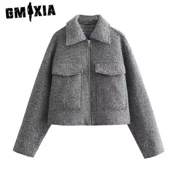 GMXIA женские винтажные повседневные однотонные куртки и пальто с воротником-поло на осень-зиму с длинным рукавом и принтом S серый