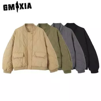 GMXIA женские винтажные повседневные однотонные куртки и пальто с воротником-поло на осень-зиму с длинным рукавом и принтом XS серый