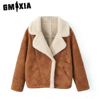 GMXIA женские винтажные повседневные однотонные куртки и пальто с воротником-поло на осень-зиму с длинным рукавом и принтом S темно-коричневого