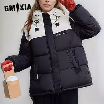 GMXIA женские винтажные повседневные однотонные куртки и пальто с капюшоном на осень и зиму с длинными рукавами и принтом M чёрный