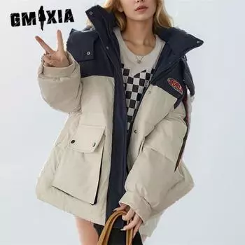 GMXIA женские винтажные повседневные однотонные куртки и пальто с капюшоном на осень и зиму с длинными рукавами и принтом S синий