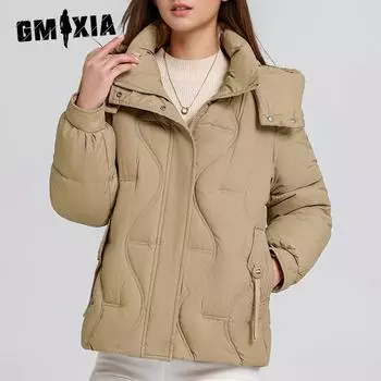 GMXIA женские винтажные повседневные однотонные куртки и пальто с капюшоном на осень и зиму с длинными рукавами и принтом L чёрный