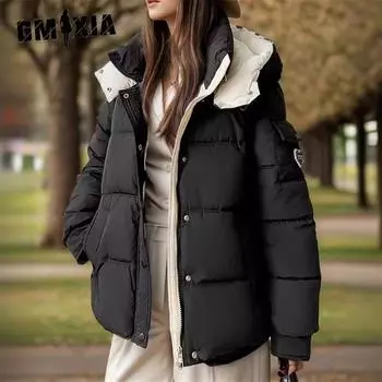 GMXIA женские винтажные повседневные однотонные куртки и пальто с капюшоном на осень и зиму с длинными рукавами и принтом M чёрный