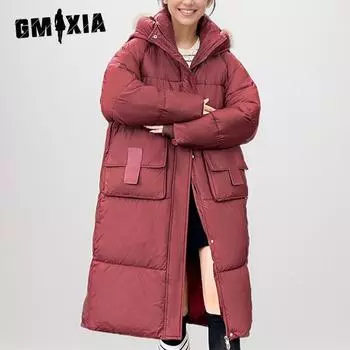 GMXIA женские винтажные повседневные однотонные куртки и пальто с капюшоном на осень и зиму с длинными рукавами и принтом S красный