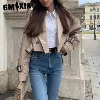 GMXIA женские винтажные повседневные однотонные куртки и пальто с воротником-поло на осень-зиму с длинным рукавом и принтом XS хаки