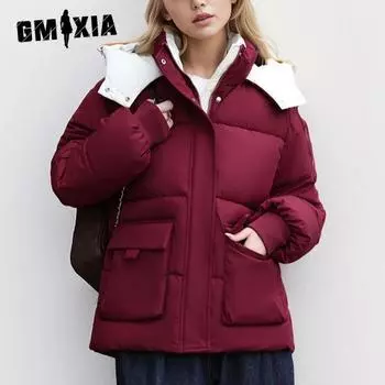 GMXIA женские винтажные повседневные однотонные куртки и пальто с капюшоном на осень и зиму с длинными рукавами и принтом M чёрный