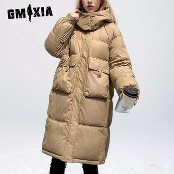 GMXIA женские винтажные повседневные однотонные куртки и пальто с капюшоном на осень и зиму с длинными рукавами и принтом M чёрный