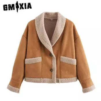 GMXIA женские винтажные повседневные однотонные куртки и пальто с воротником-поло на осень-зиму с длинным рукавом и принтом S шоколадный