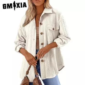 GMXIA женские винтажные повседневные однотонные куртки и пальто с воротником-поло на осень-зиму с длинным рукавом и принтом S