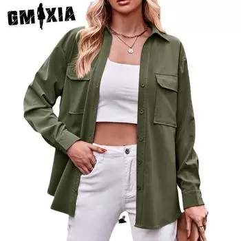 GMXIA женские винтажные повседневные однотонные куртки и пальто с воротником-поло на осень-зиму с длинным рукавом и принтом S армия зеленый