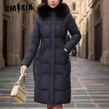 GMXIA женские винтажные повседневные однотонные куртки и пальто с капюшоном на осень и зиму с длинными рукавами и принтом M чёрный