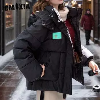 GMXIA женские винтажные повседневные однотонные куртки и пальто с капюшоном на осень и зиму с длинными рукавами и принтом M чёрный
