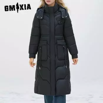GMXIA женские винтажные повседневные однотонные куртки и пальто с капюшоном на осень и зиму с длинными рукавами и принтом XL чёрный