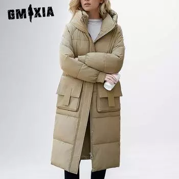 GMXIA женские винтажные повседневные однотонные куртки и пальто с капюшоном на осень и зиму с длинными рукавами и принтом M хаки